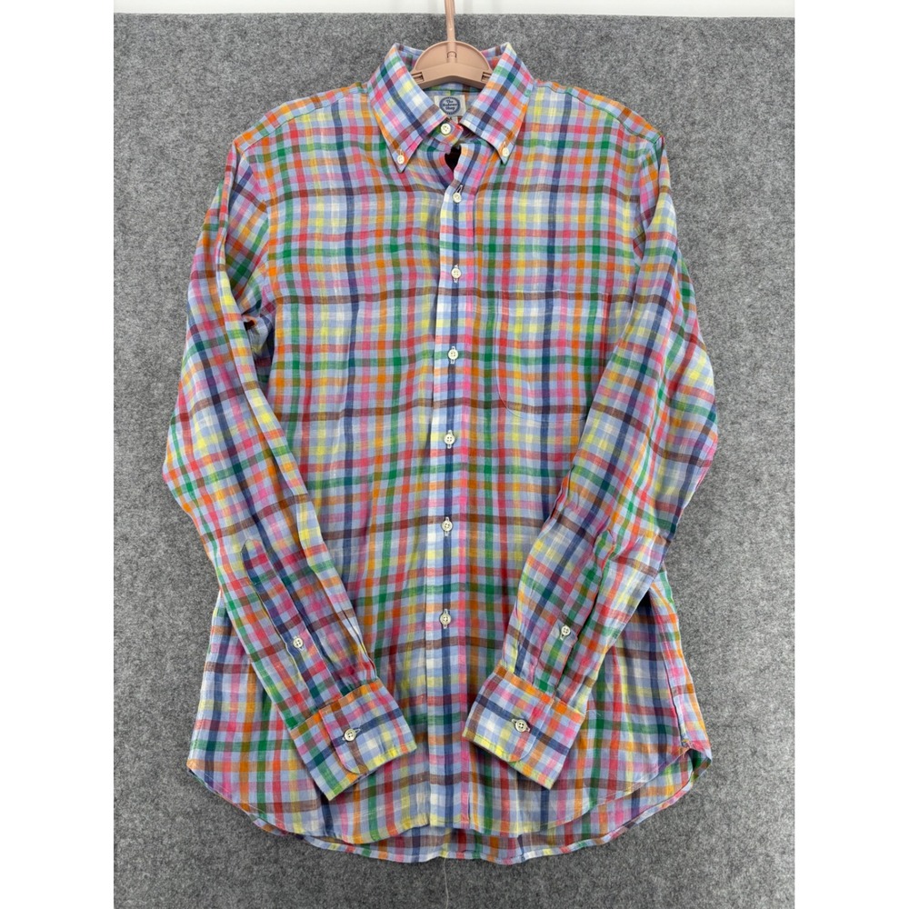 The Andover Shop Mens Rainbow Plaid Linen Button Down Shirt Made in USA Small
